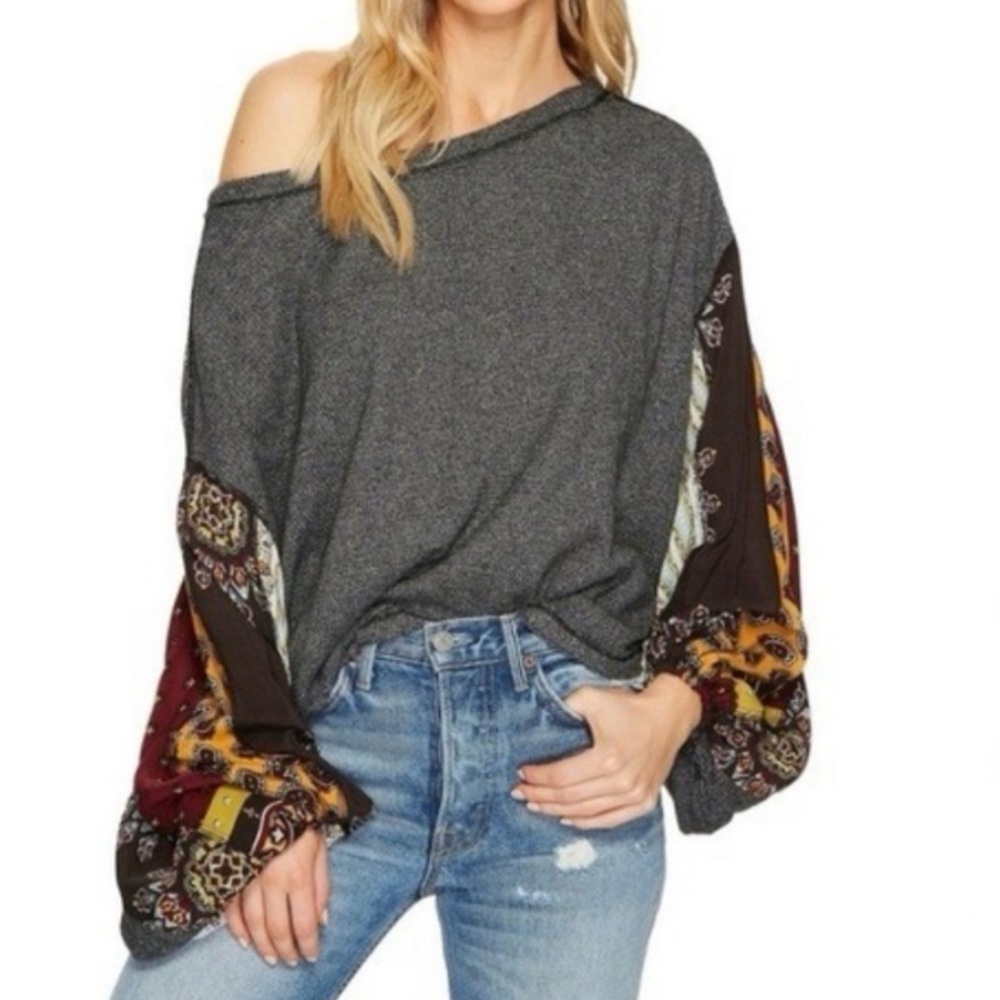 We The Free People Blossom Thermal Top Shirt Boho Gray Size XS Oversized